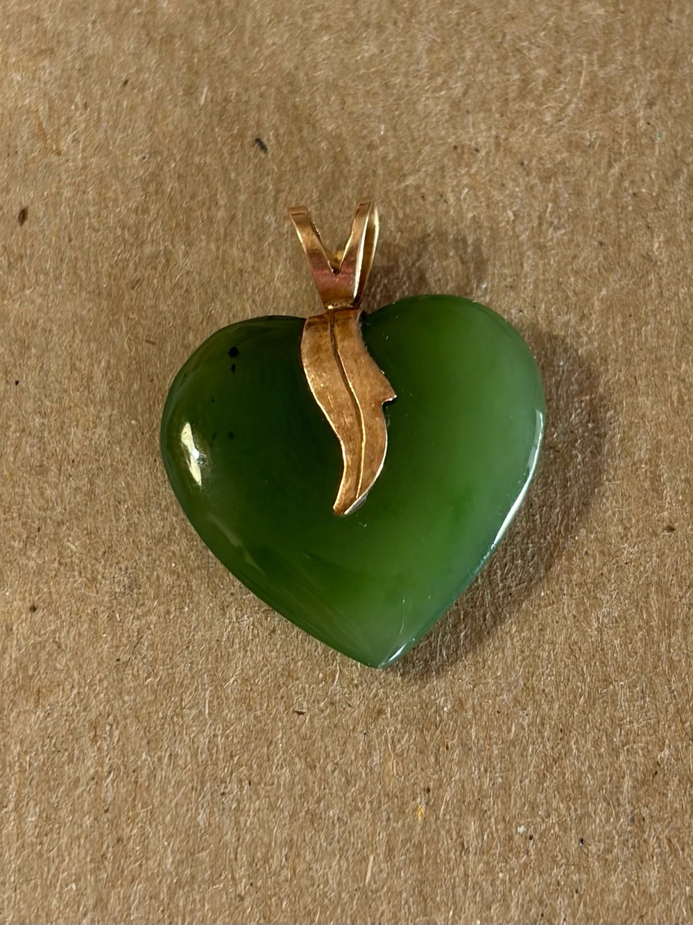 Green Heart Jade Pendant with 14K Gold Leaf Bail
